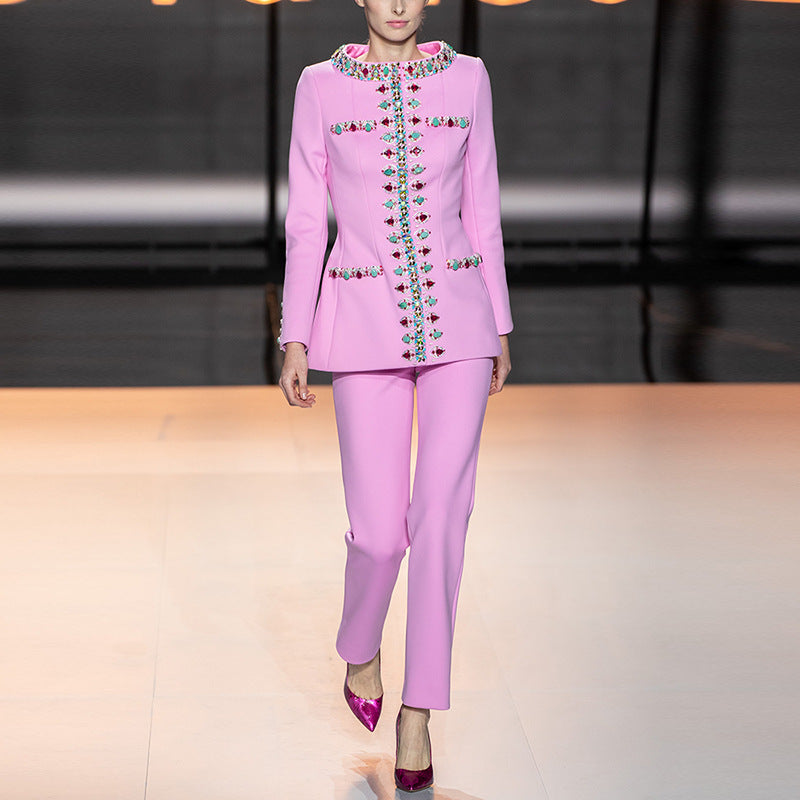 Trendy Casual Pearl Beaded Jacket And Pants Set