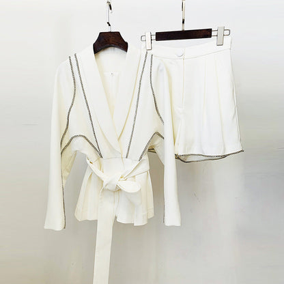 Batwing Sleeve Belted Blazer Shorts Set Elegant Style