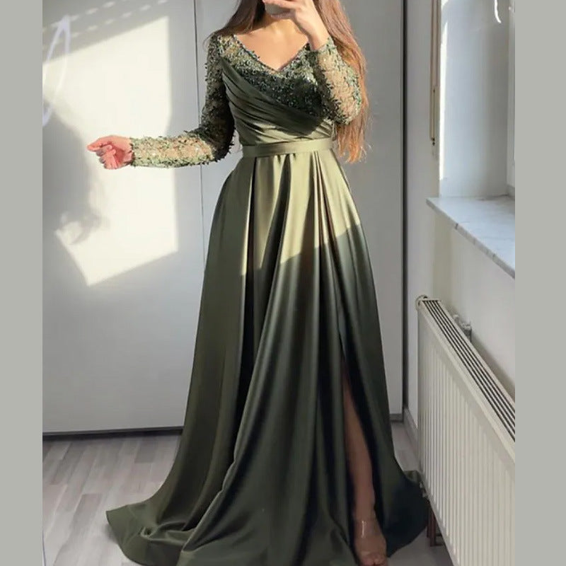 Lace A-Line Long Dress In Black And Dark Green