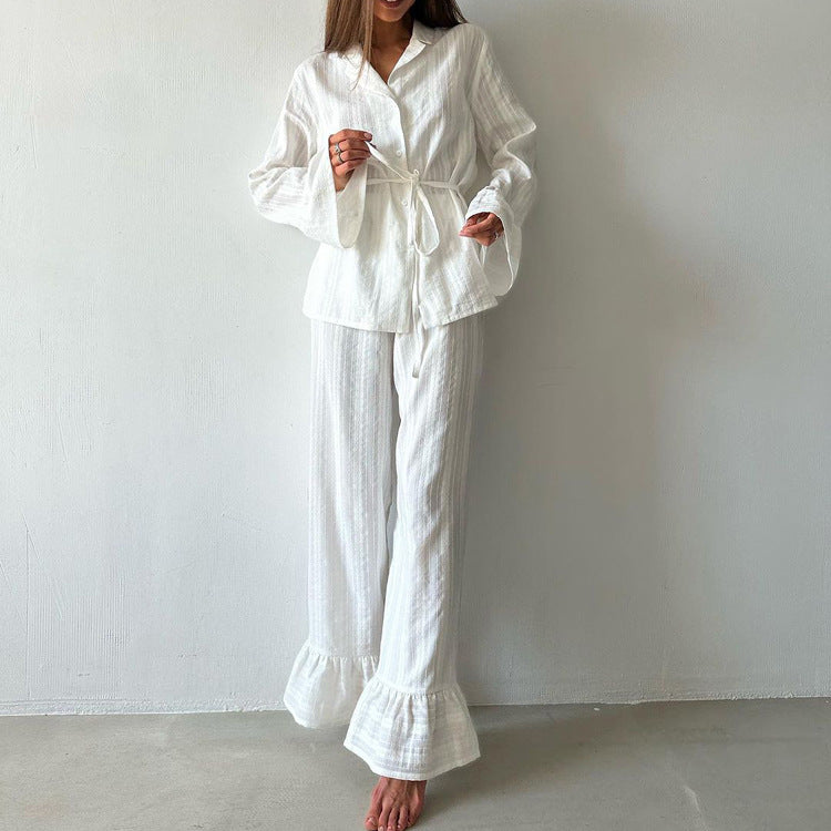 Casual Ruffled Shirt And Pant Set Cotton Long Sleeve