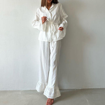 Casual Ruffled Shirt And Pant Set Cotton Long Sleeve