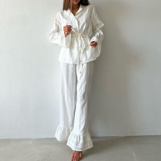 Casual Ruffled Shirt And Pant Set Cotton Long Sleeve