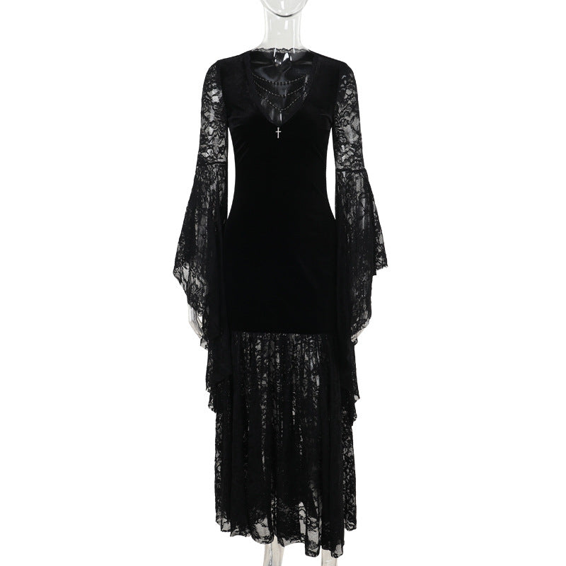 Elegant V Neck Velvet Dress With Lace Detail