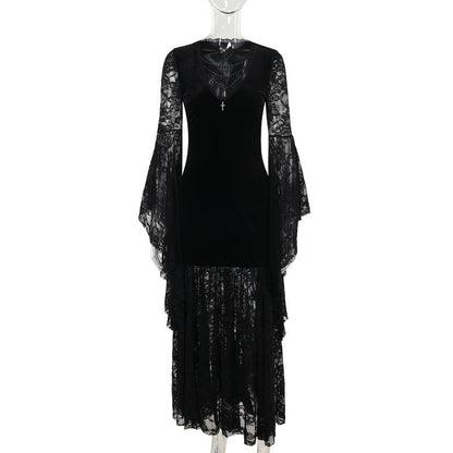 Elegant V Neck Velvet Dress With Lace Detail