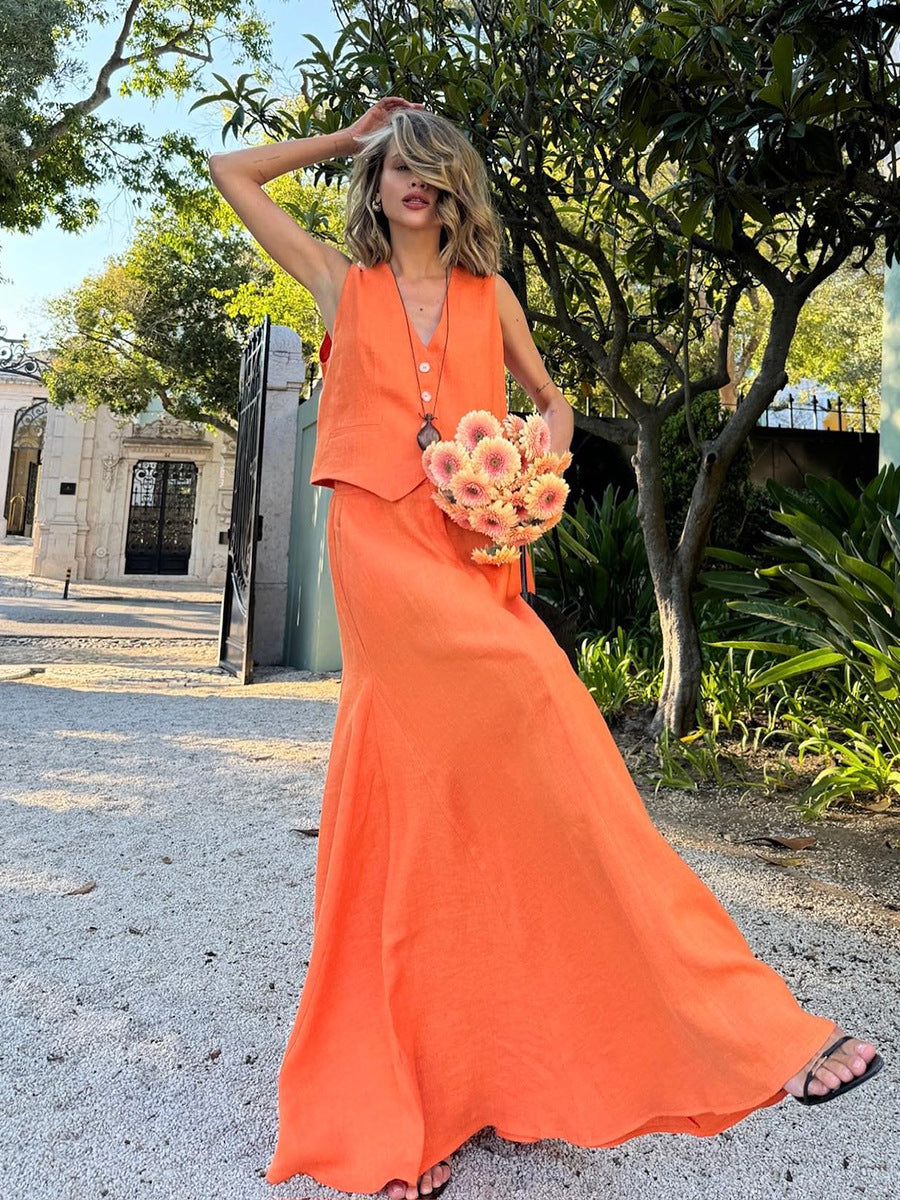 Linen-Cotton Maxi Vest and Skirt Set for Women