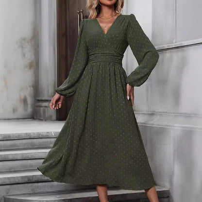 Autumn And Winter New Medium Hairball Diagonal Neck Lantern Sleeve Pleated Waist Dress