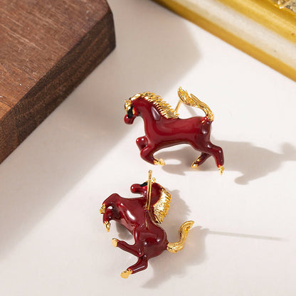 Elegant Enamel Horse Zodiac Stud Earrings For Women