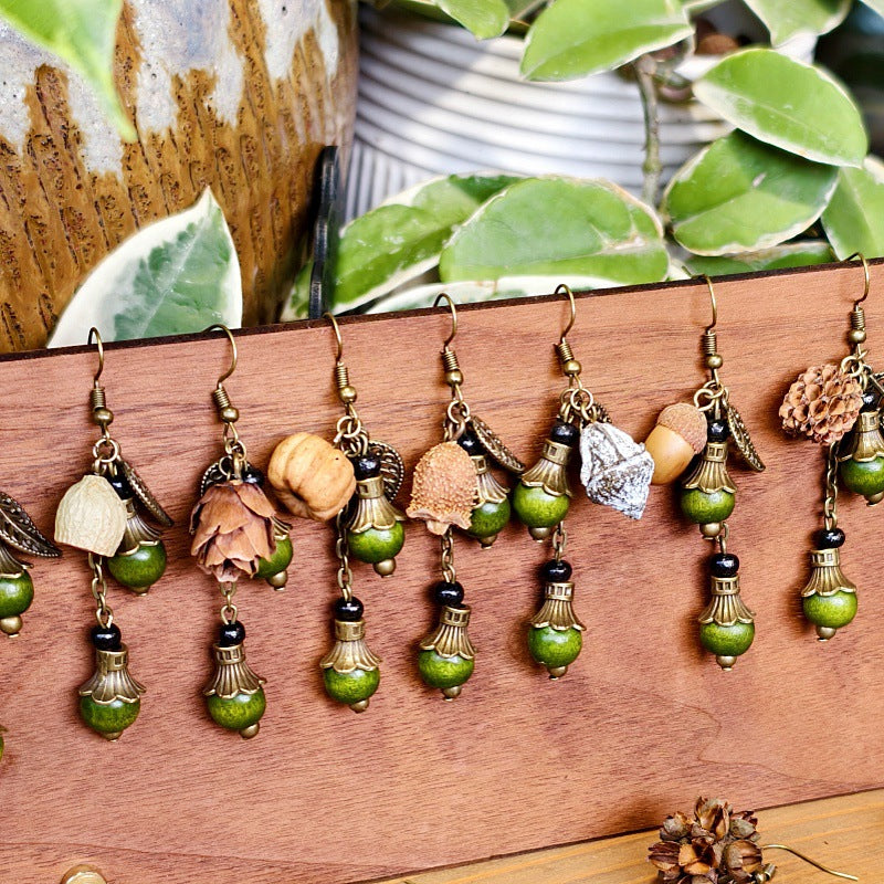 Bohemian Floral-Inspired Alloy Earrings with Unique Wood Bead Design