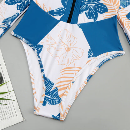 New Ladies Long Sleeve Surfing Suit Printed Zipper Turtleneck One-Piece Swimsuit
