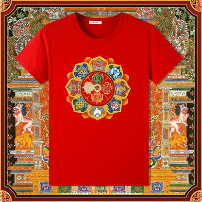 Diamond Pestle Babao New Printed Pure Cotton Mantra Wheel T-Shirt Top, Buddhist Men'S And Women'S High-End Clothing
