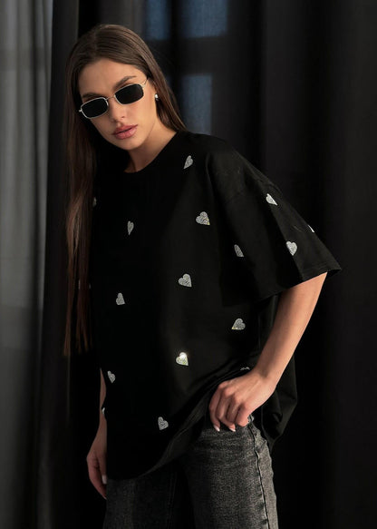 Oversized Black Cotton T Shirt With Sparkling Hearts