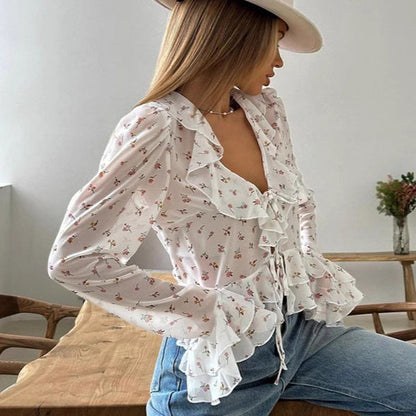 Flounce Print V-Neck Sexy String Tie Top