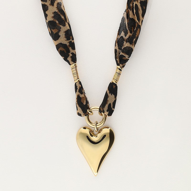 Trendy Heart Pendant Leopard Scarf Necklace