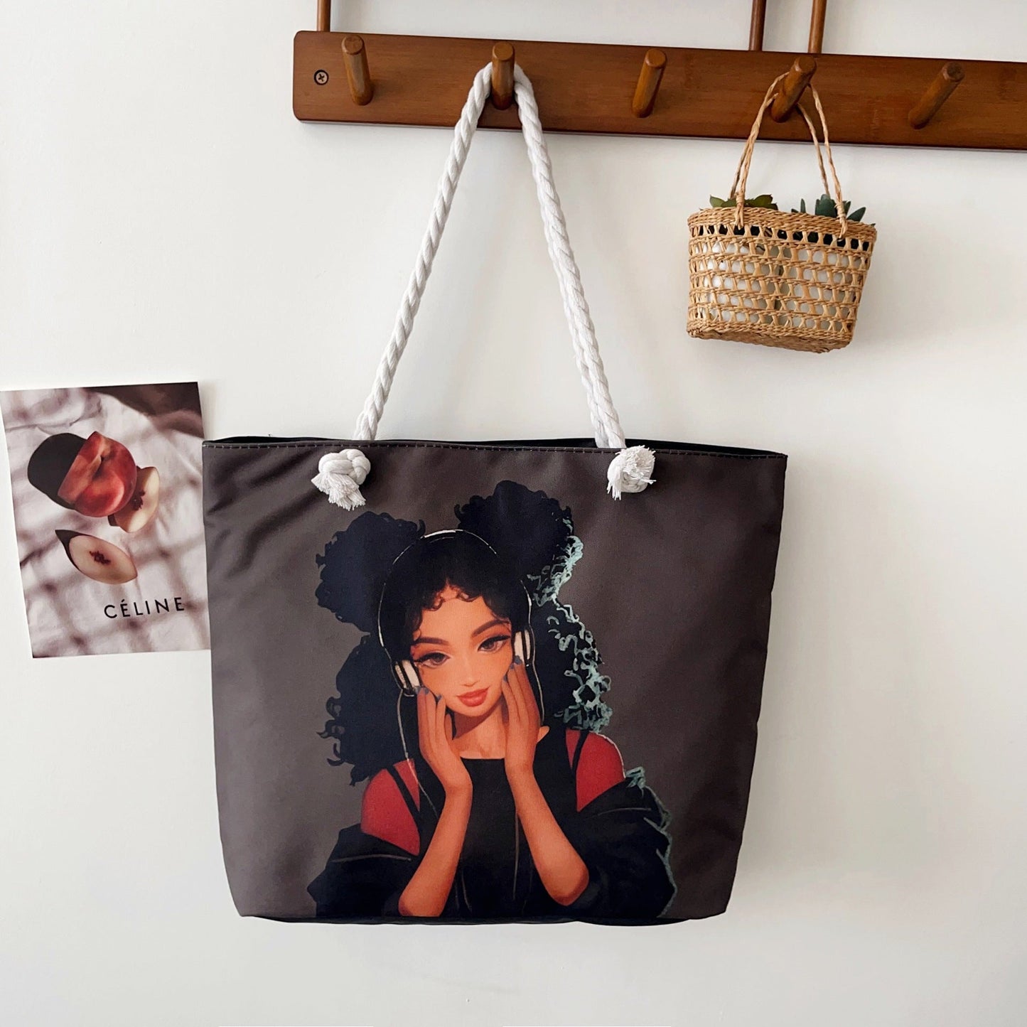 Trendy Cartoon Print Shoulder Tote Bag Durable Oxford Cloth Bag