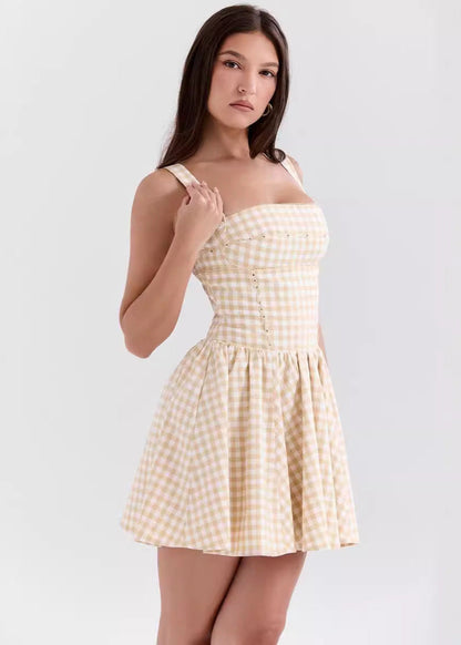 Sleeveless Gingham Mini Dress Beige Polyester Cotton