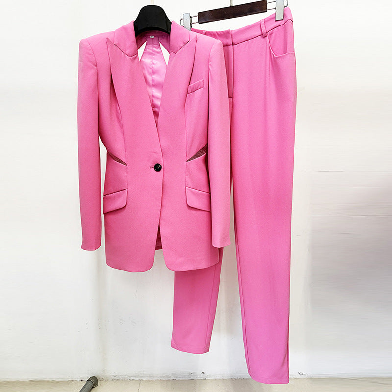 Sheer Mesh Panel Blazer And Tapered Pants Set