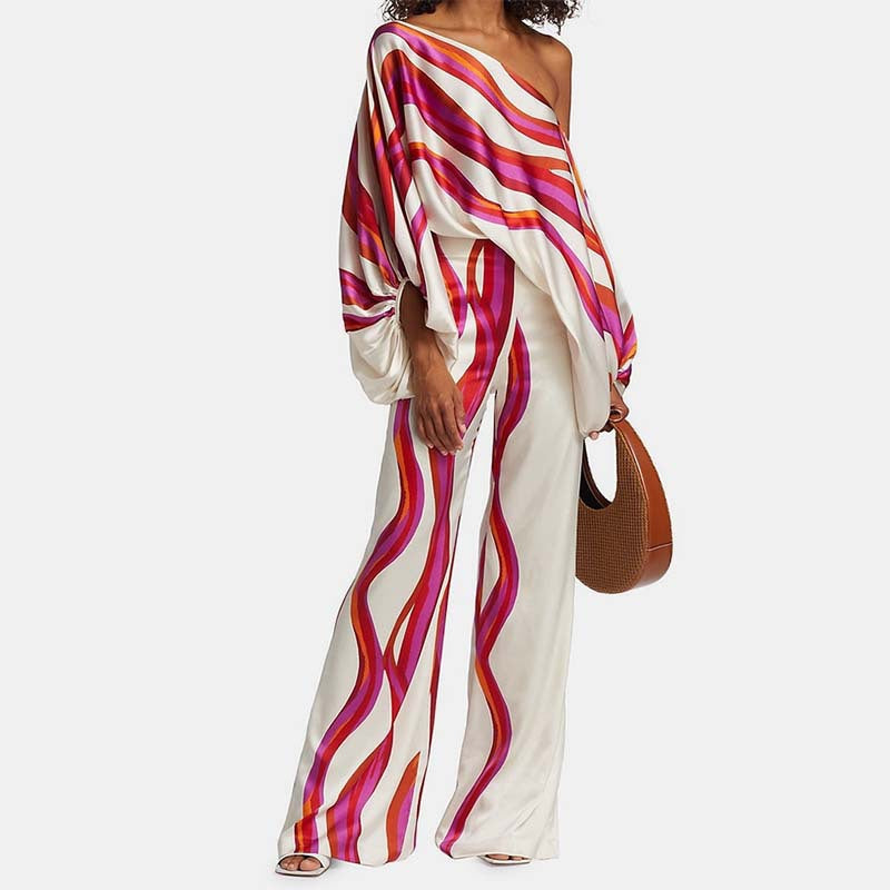Elegant Batwing Sleeve Printed Two-Piece Set