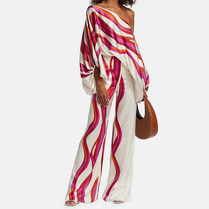 Elegant Batwing Sleeve Printed Two-Piece Set
