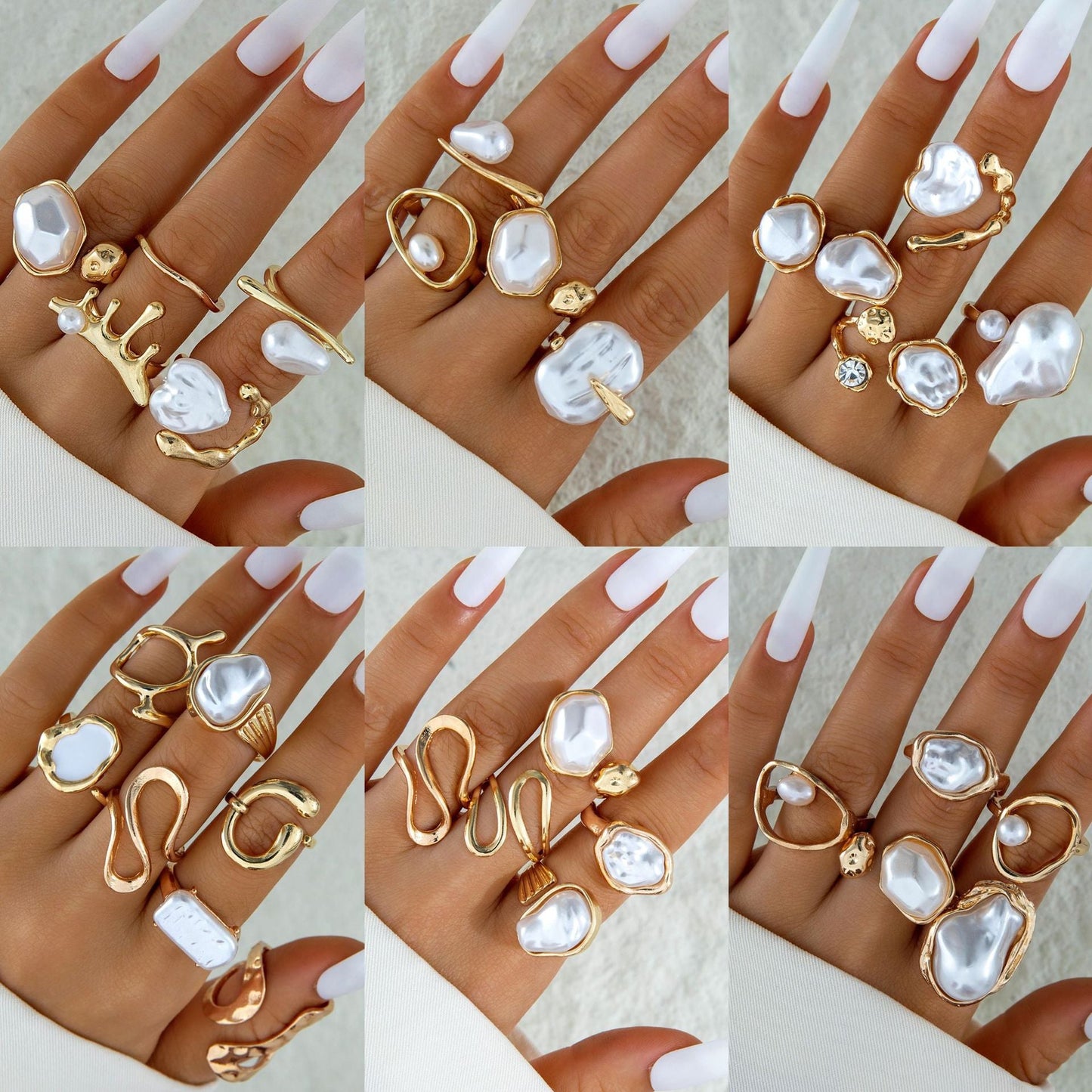 Stylish Geometric Pearl Ring Set Alloy Adjustable Fashion Ring