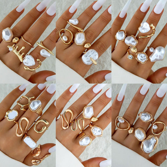Stylish Geometric Pearl Ring Set Alloy Adjustable Fashion Ring