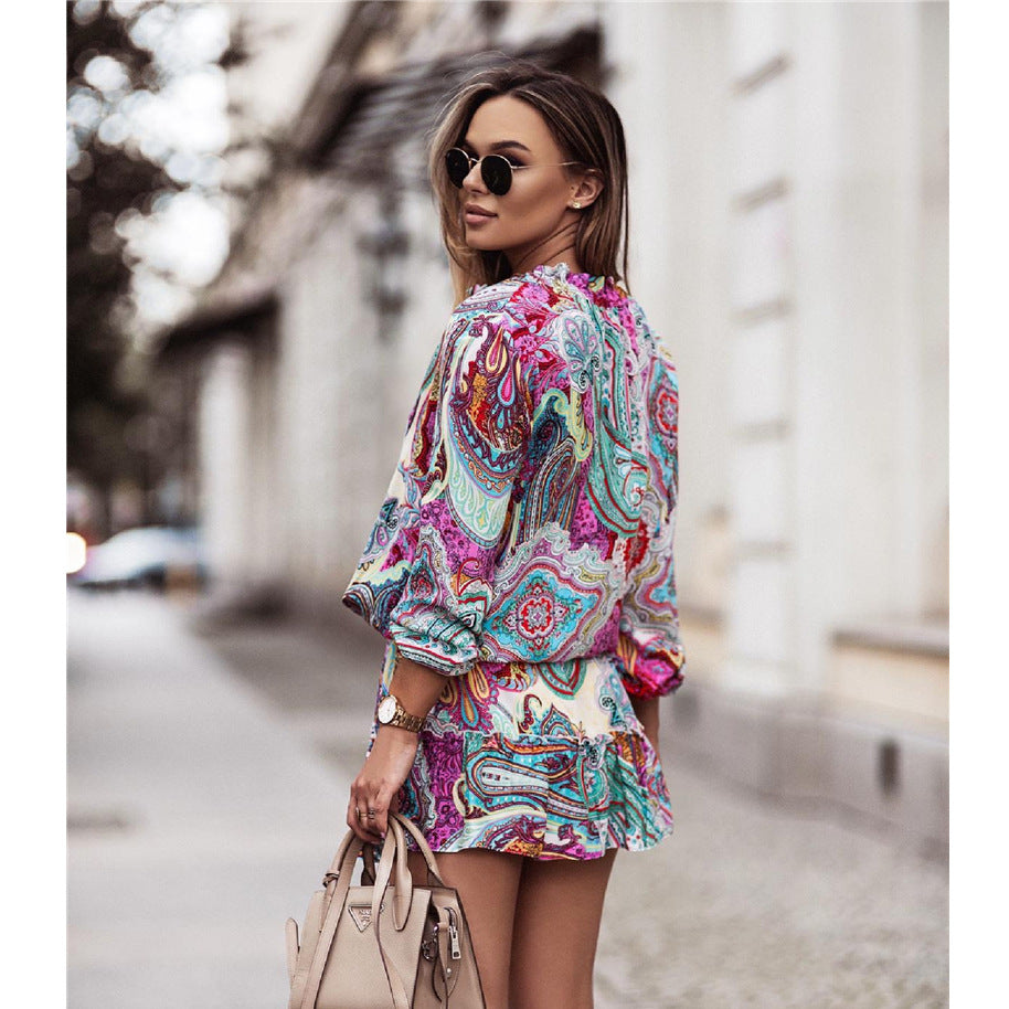 Vintage Mid-Rise Print Long Sleeve Short Skirt Temperament Commuter Womenswear