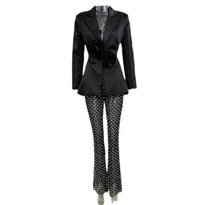 Hollow Beaded Flower Suit Set with Wide Leg Pants