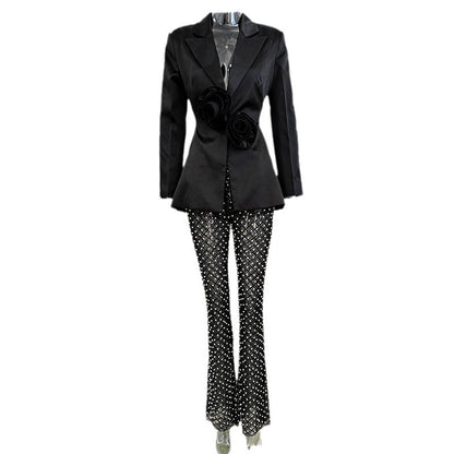 Hollowed Pearl Embellished Floral Blazer And Pants Set