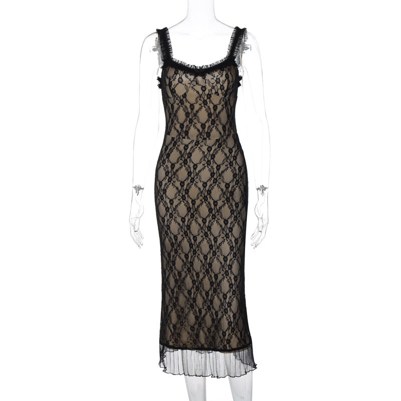 Sexy Lace Detail Bow Tie Midi Slip Dress