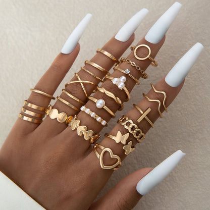 Trendy Leaf Heart Rings Geometric Pearl Joint Stacking Ring Set