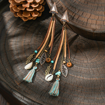 Trendy Long Tassel Earrings with Shell and Leaf Design