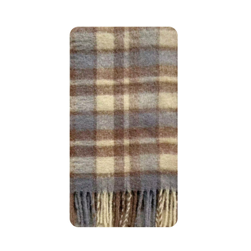 Plaid Wool Blend Scarf with Fringes for Women