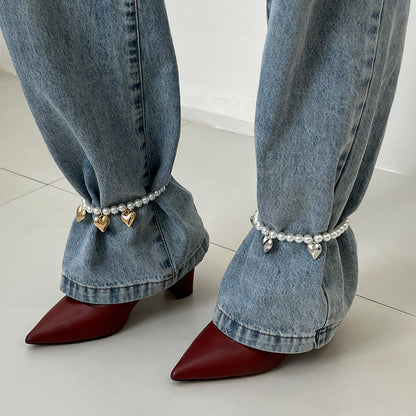 Trendy Pearl Beaded Anklet With Heart Pendant And Tassels