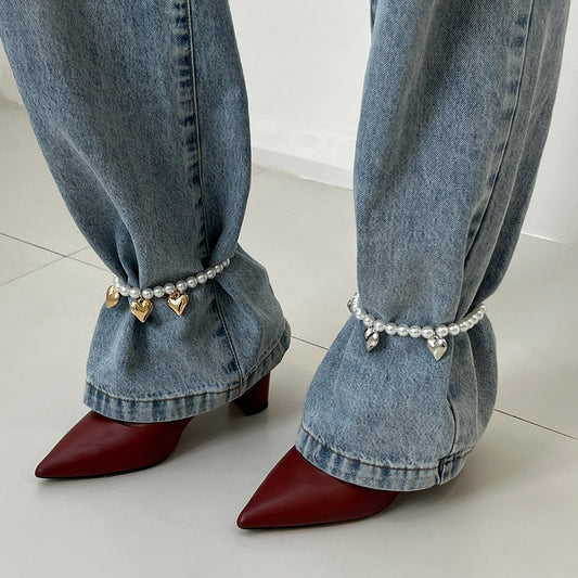 Trendy Pearl Beaded Anklet With Heart Pendant And Tassels