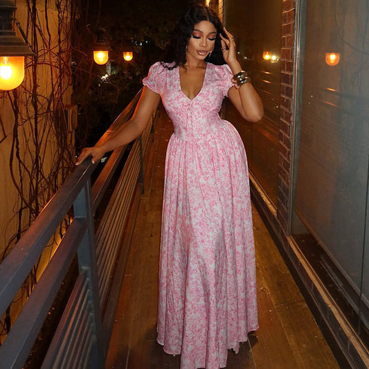 Elegant A-Line Dress With Abstract Print And V-Neck Style