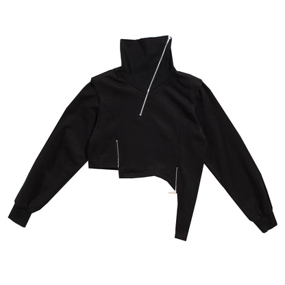 High Neck Cropped Sweatshirt With Asymmetric Hem