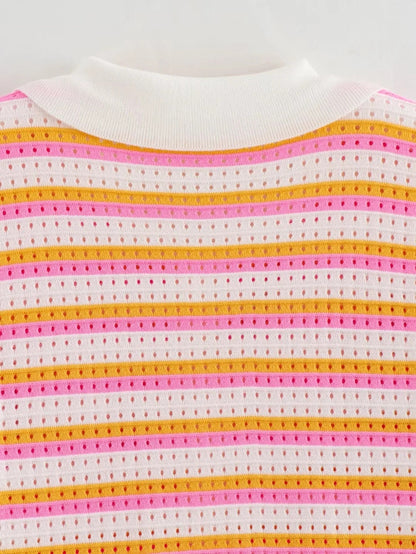 Striped Color Block Lapel Knit Sets