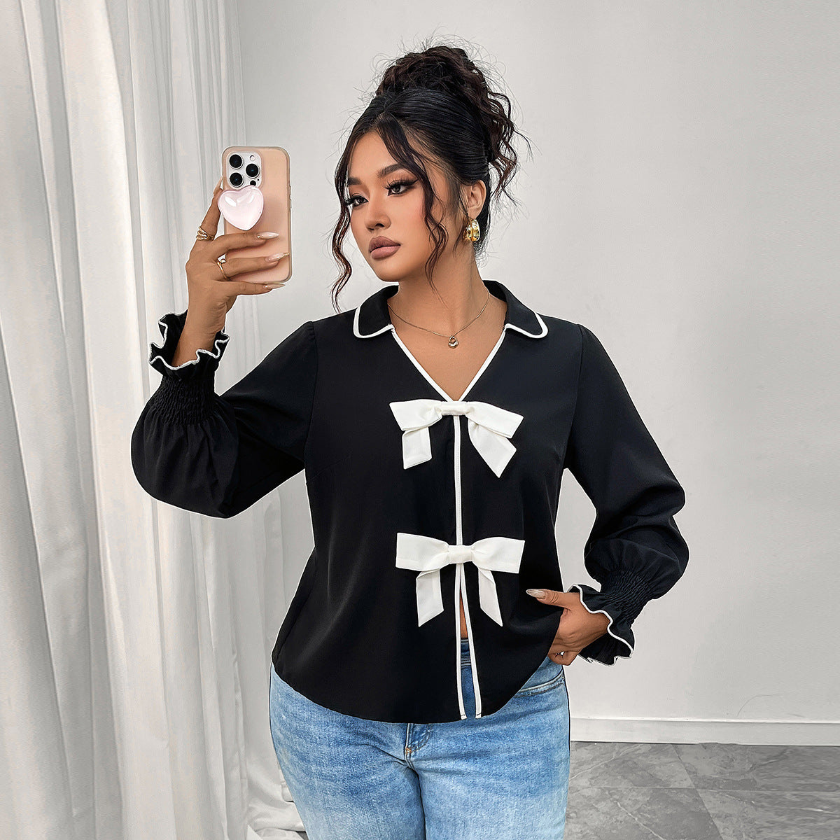 New Polo Neck Short Black Jacket With Bow Detail