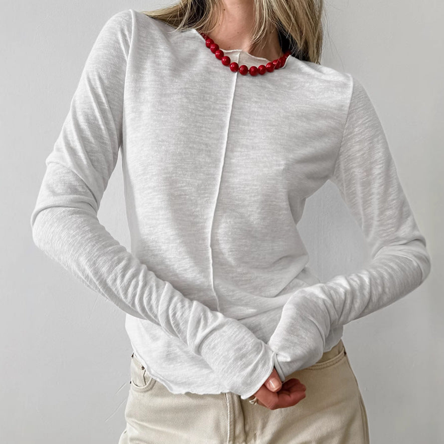 Solid Color Splicing Round Neck Simple Top