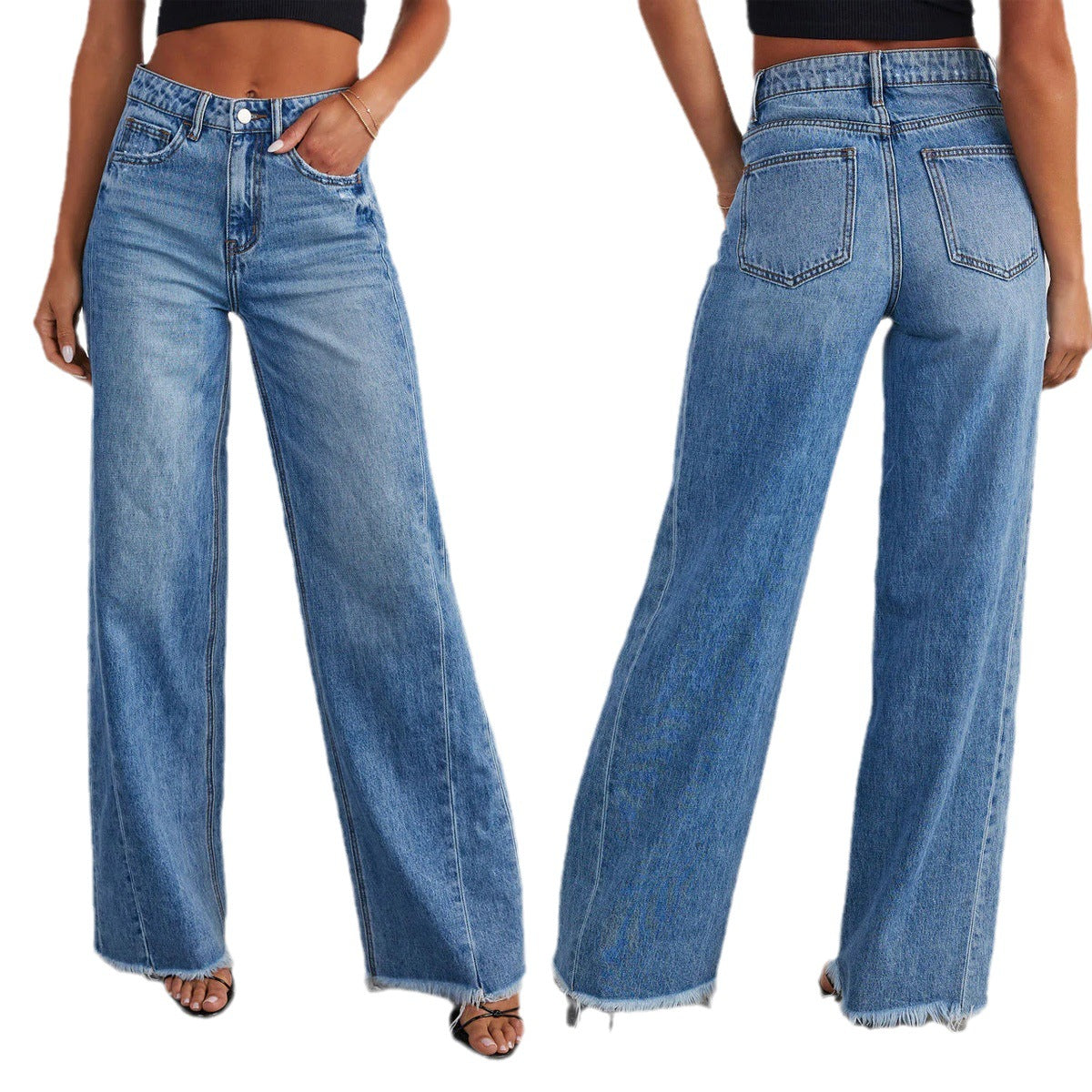 Wide-Legged Distressed Denim Pants with Side Paneling for Women