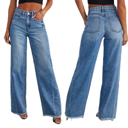 Wide-Legged Distressed Denim Pants with Side Paneling for Women