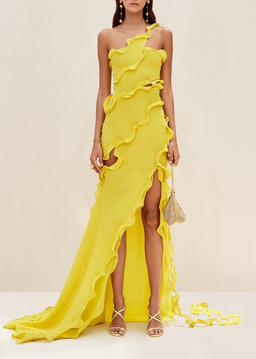 One Shoulder Ruffle Slit Chiffon Gown Yellow