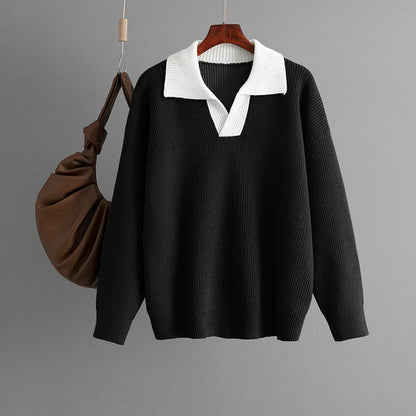 Knit Polo Collar Color Block Pullover Sweater