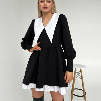French Style Black A-Line Dress With Peter Pan Collar