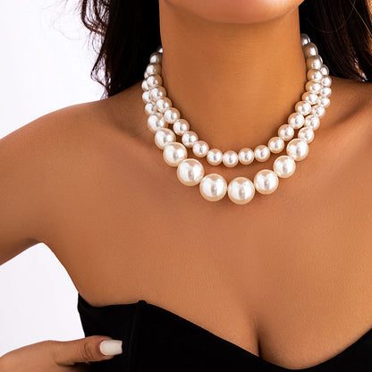Retro Chunky Faux Pearl Choker Necklace Layered Beaded Jewelry For Women