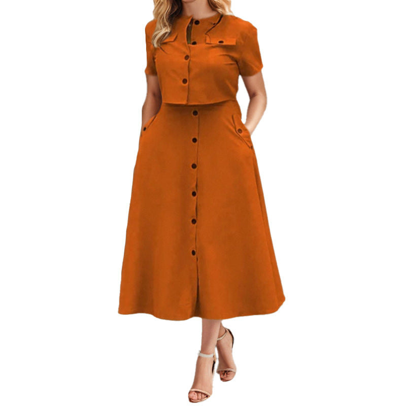 Elegant Solid Color Casual Short Sleeve Top and Skirt Set