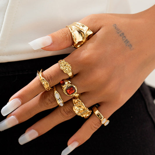 Geometric Gemstone Ring Set With Liquid Metal Finish For Women