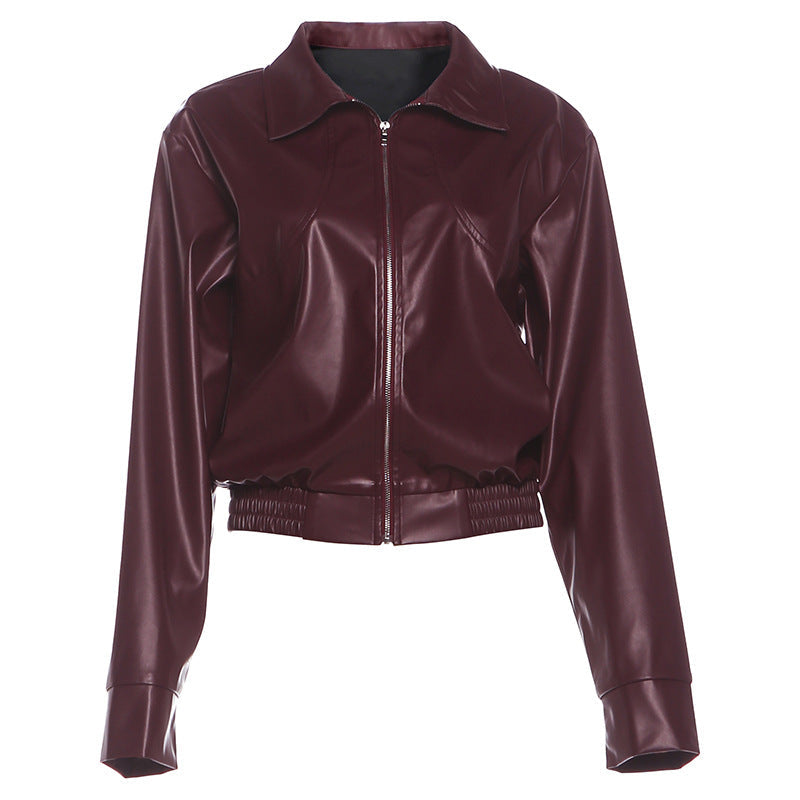 Burgundy Casual Pu Faux Leather Long Sleeve Jacket