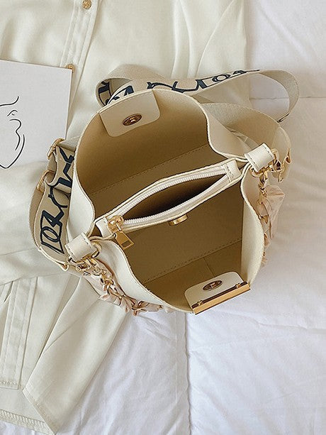 Trendy Candy Color Bucket Bag with Scarf Detailing