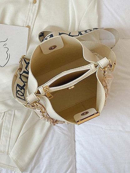 Trendy Candy Color Bucket Bag with Scarf Detailing