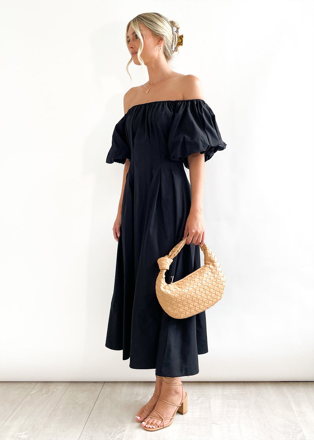 Off Shoulder Puff Sleeves Midi Dress